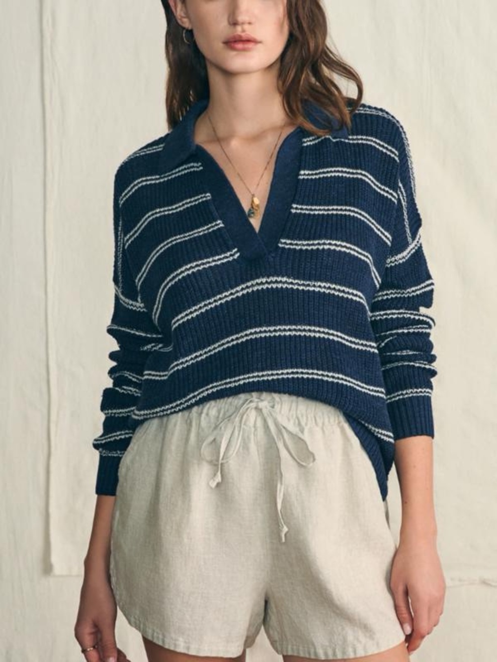 Faherty Navy and White Striped V-Neck Sweater